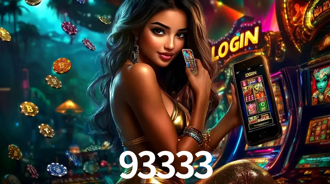 Mulher em um cenário de cassino temático de aventura, mostrando o app de caça-níqueis da 93333 no celular. Fichas de apostas flutuam ao redor.